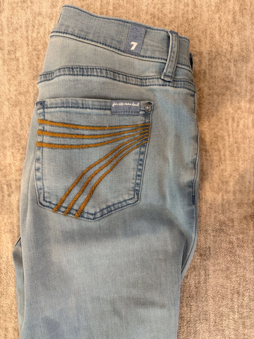 7 For All Mankind Light Blue jeans with Gold Stitching